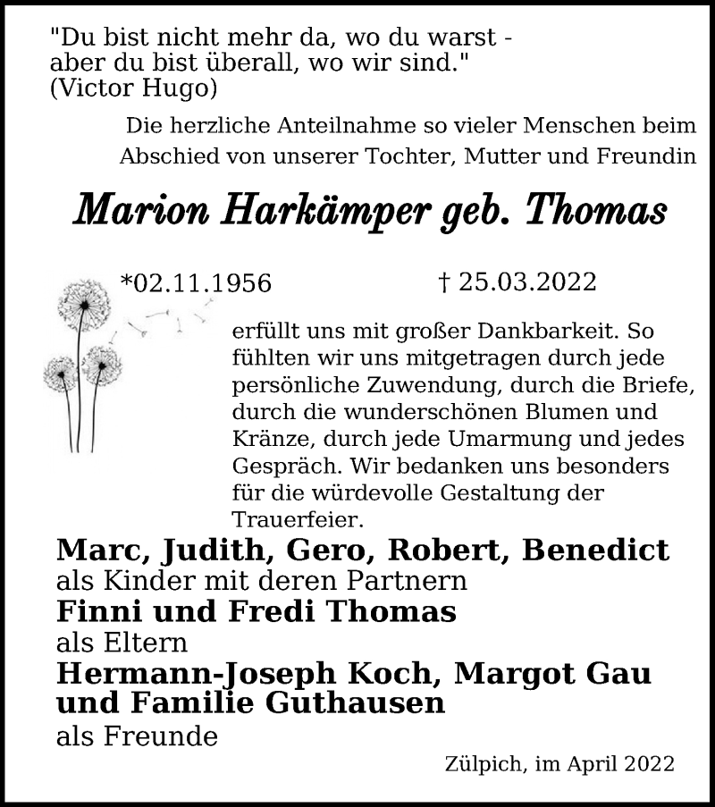  Traueranzeige für Marion Harkämper vom 27.04.2022 aus Kölner Stadt-Anzeiger / Kölnische Rundschau / Express