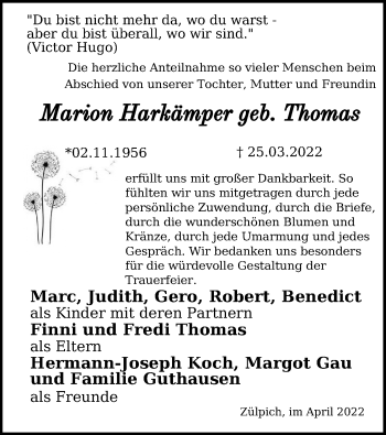 Anzeige von Marion Harkämper von Kölner Stadt-Anzeiger / Kölnische Rundschau / Express