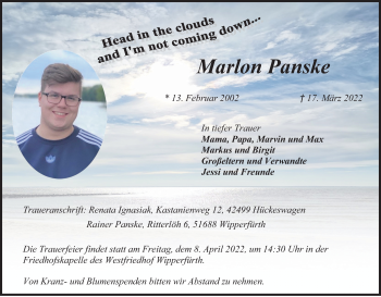 Anzeige von Marlon Panske von Kölner Stadt-Anzeiger / Kölnische Rundschau / Express