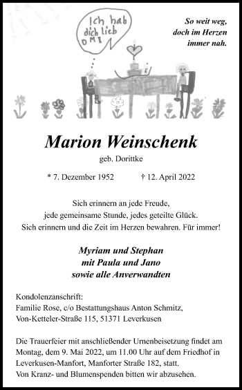 Anzeige von Marion Weinschenk von Kölner Stadt-Anzeiger / Kölnische Rundschau / Express