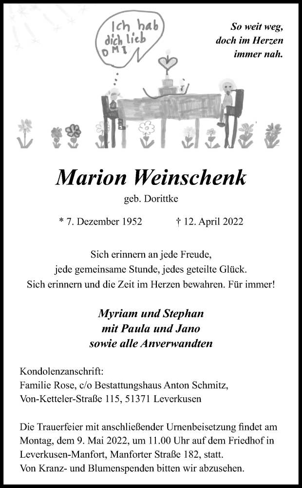  Traueranzeige für Marion Weinschenk vom 23.04.2022 aus Kölner Stadt-Anzeiger / Kölnische Rundschau / Express
