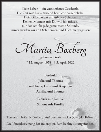 Anzeige von Marita Boxberg von  Bergisches Handelsblatt 