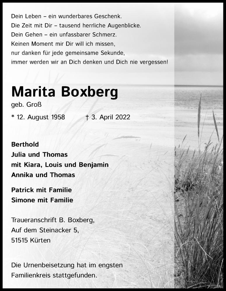  Traueranzeige für Marita Boxberg vom 23.04.2022 aus Kölner Stadt-Anzeiger / Kölnische Rundschau / Express