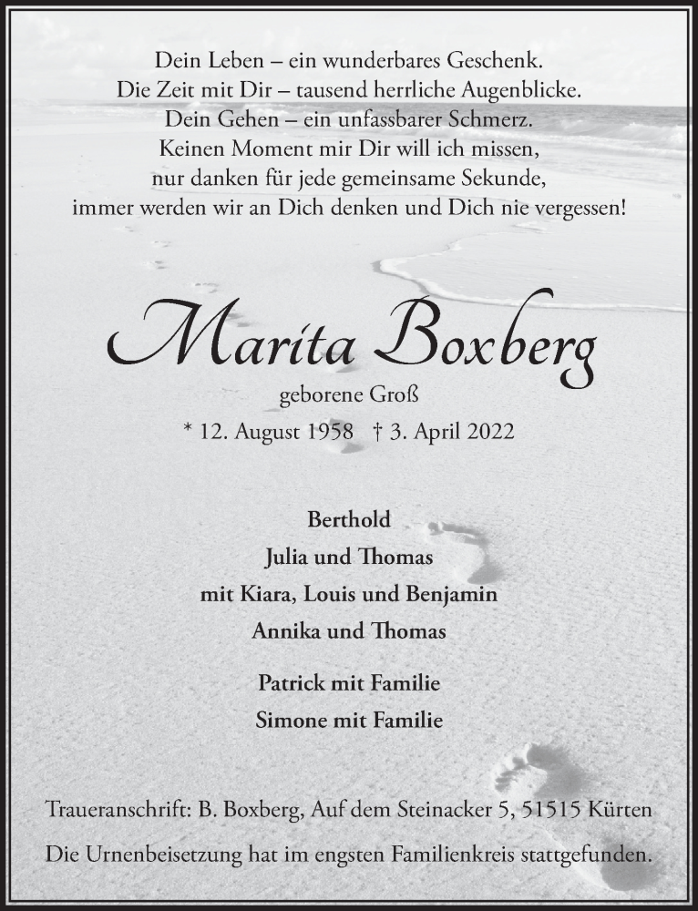  Traueranzeige für Marita Boxberg vom 22.04.2022 aus  Bergisches Handelsblatt 