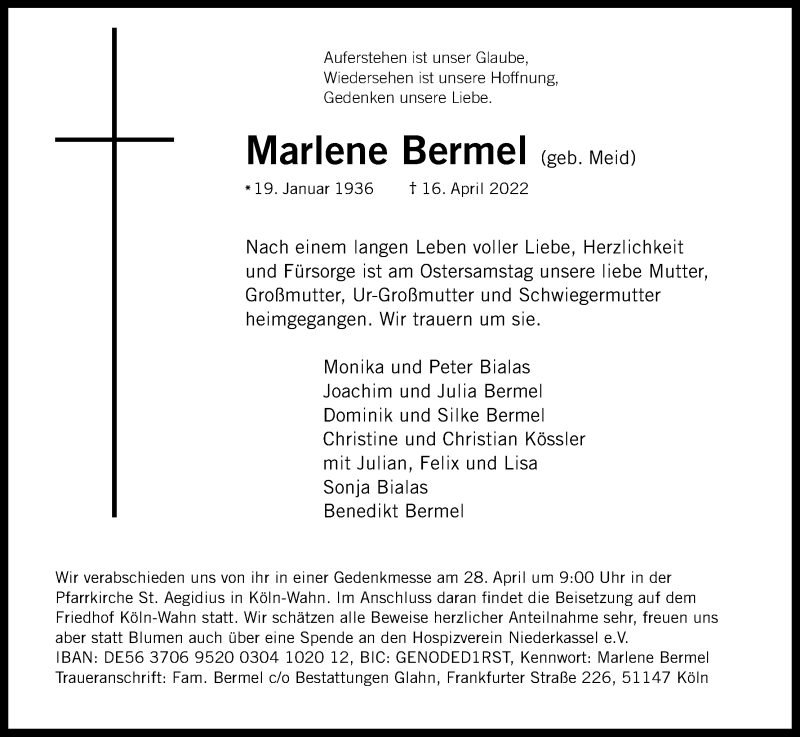  Traueranzeige für Marlene Bermel vom 23.04.2022 aus Kölner Stadt-Anzeiger / Kölnische Rundschau / Express
