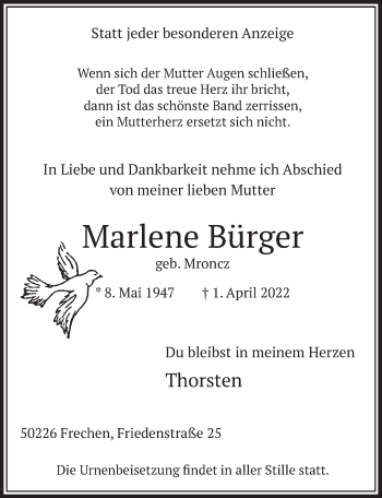 Anzeige von Marlene Bürger von  Wochenende 