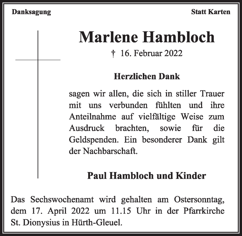  Traueranzeige für Marlene Hambloch vom 08.04.2022 aus  Wochenende 