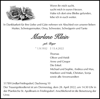 Anzeige von Marlene Klein von Kölner Stadt-Anzeiger / Kölnische Rundschau / Express