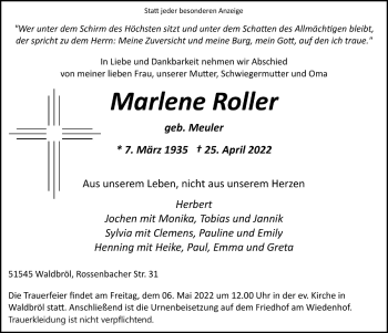 Anzeige von Marlene Roller von  Lokalanzeiger 