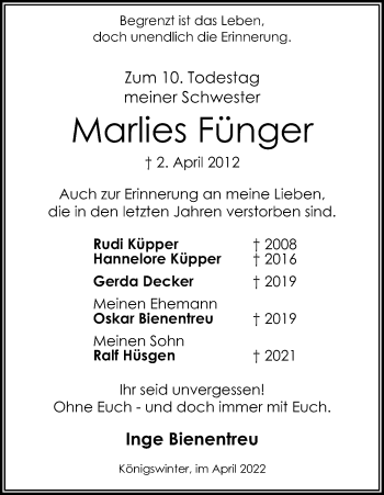 Anzeige von Marlies Fünger von Kölner Stadt-Anzeiger / Kölnische Rundschau / Express