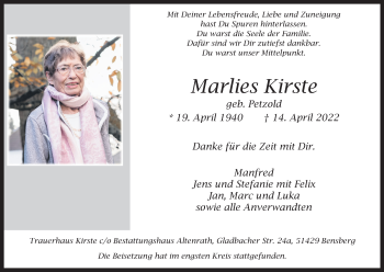 Anzeige von Marlies Kirste von Kölner Stadt-Anzeiger / Kölnische Rundschau / Express