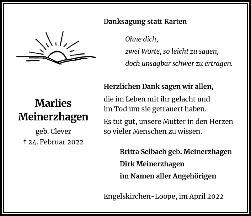  Traueranzeige für Marlies Meinerzhagen vom 16.04.2022 aus Kölner Stadt-Anzeiger / Kölnische Rundschau / Express