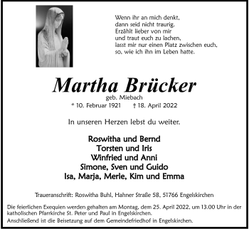 Anzeige von Martha Brücker von Kölner Stadt-Anzeiger / Kölnische Rundschau / Express