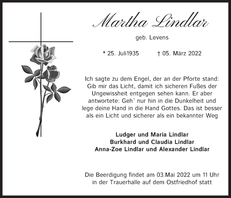  Traueranzeige für Martha Lindlar vom 30.04.2022 aus Kölner Stadt-Anzeiger / Kölnische Rundschau / Express