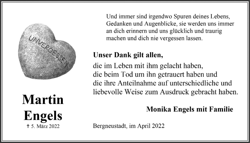  Traueranzeige für Martin Engels vom 14.04.2022 aus  Anzeigen Echo 