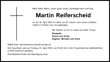 Anzeige von Martin Reiferscheid von Kölner Stadt-Anzeiger / Kölnische Rundschau / Express