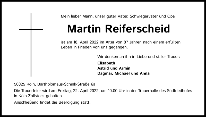  Traueranzeige für Martin Reiferscheid vom 21.04.2022 aus Kölner Stadt-Anzeiger / Kölnische Rundschau / Express