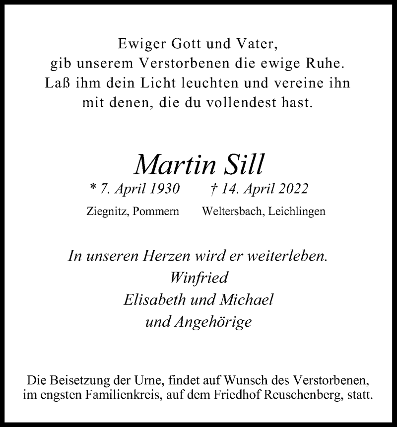  Traueranzeige für Martin Sill vom 23.04.2022 aus Kölner Stadt-Anzeiger / Kölnische Rundschau / Express