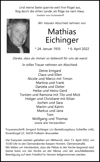 Anzeige von Mathias Eichinger von Kölner Stadt-Anzeiger / Kölnische Rundschau / Express