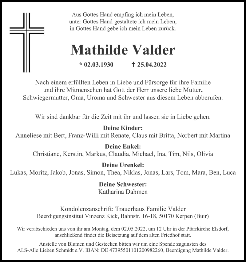  Traueranzeige für Mathilde Valder vom 30.04.2022 aus Kölner Stadt-Anzeiger / Kölnische Rundschau / Express