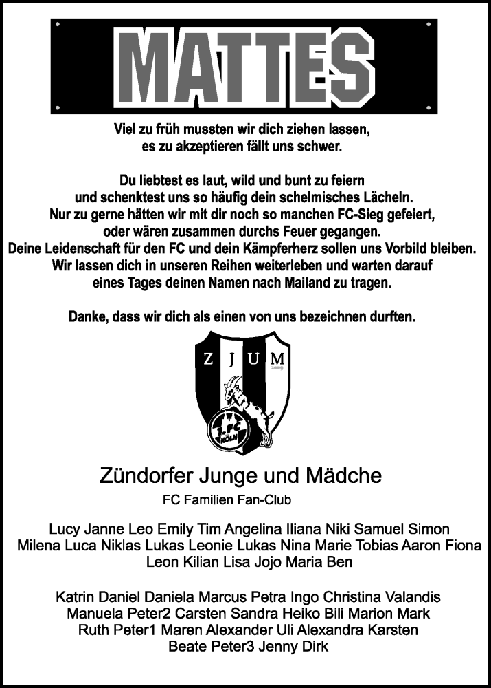  Traueranzeige für Mattes  vom 23.04.2022 aus Kölner Stadt-Anzeiger / Kölnische Rundschau / Express