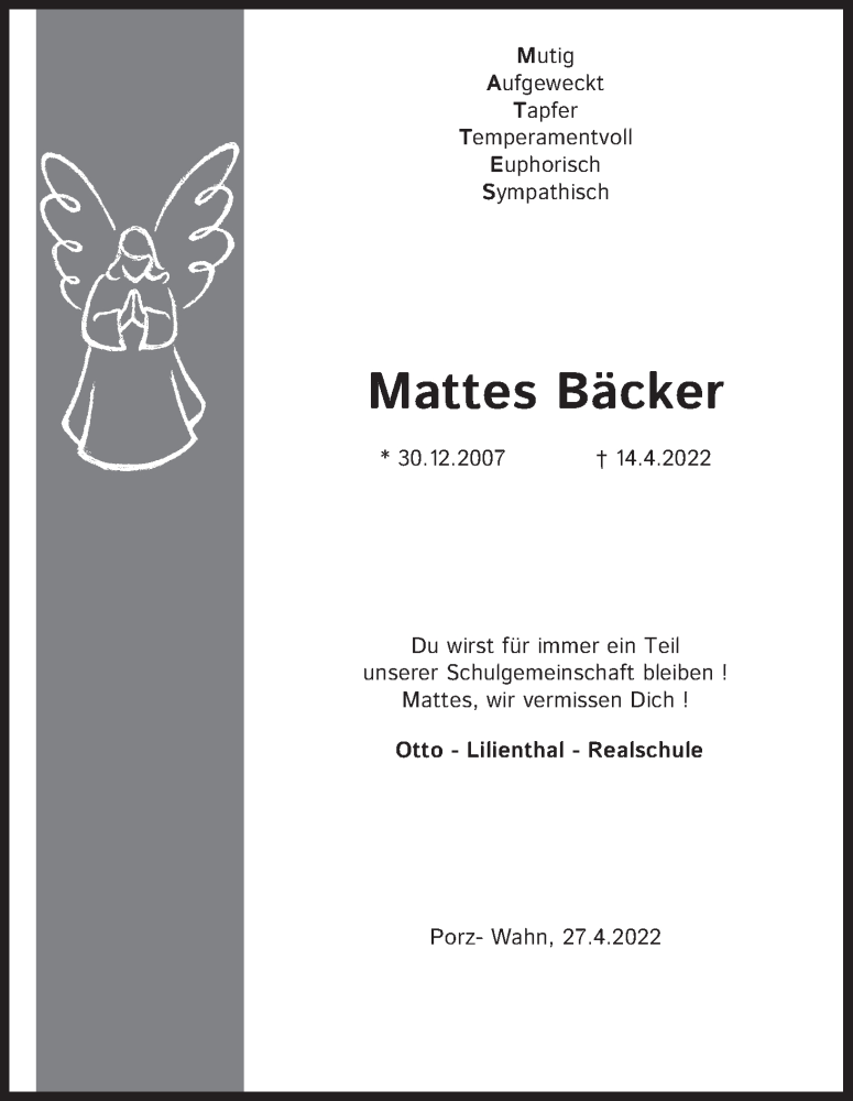  Traueranzeige für Mattes Bäcker vom 30.04.2022 aus Kölner Stadt-Anzeiger / Kölnische Rundschau / Express