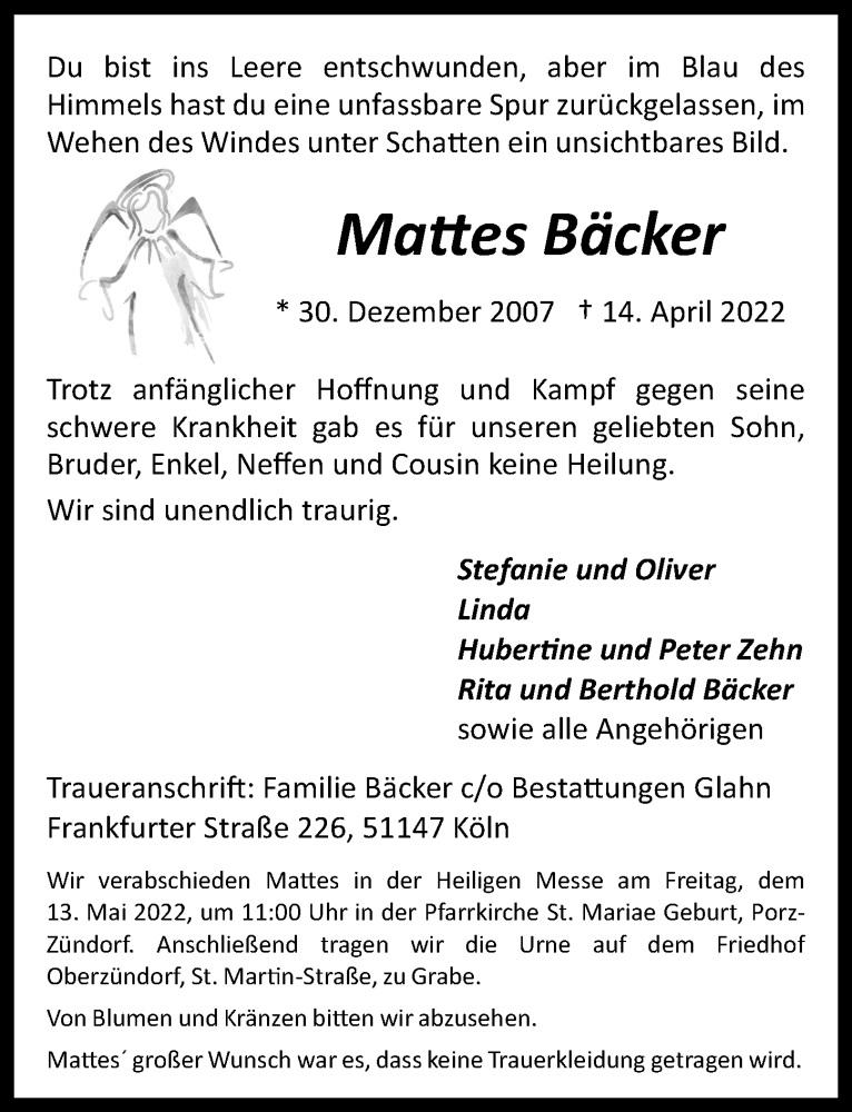  Traueranzeige für Mattes Bäcker vom 22.04.2022 aus  EXPRESS - Die Woche  Extra Blatt 