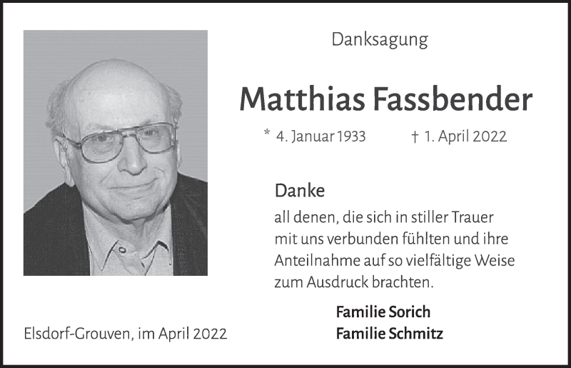  Traueranzeige für Matthias Fassbender vom 29.04.2022 aus  Werbepost 