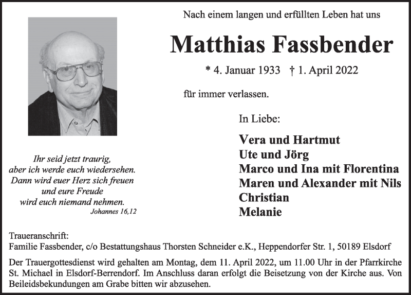  Traueranzeige für Matthias Fassbender vom 08.04.2022 aus  Werbepost 