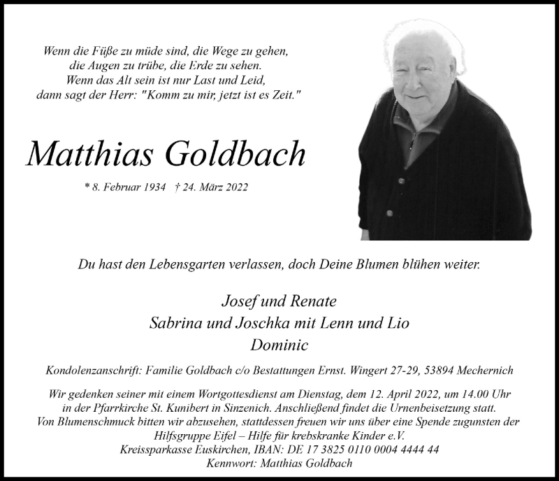  Traueranzeige für Matthias Goldbach vom 02.04.2022 aus  Blickpunkt Euskirchen 