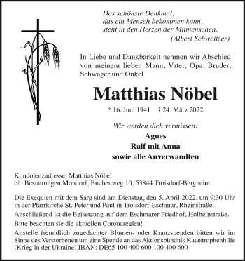 Anzeige von Matthias Nöbel von Kölner Stadt-Anzeiger / Kölnische Rundschau / Express