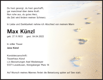 Anzeige von Max Künzl von Kölner Stadt-Anzeiger / Kölnische Rundschau / Express