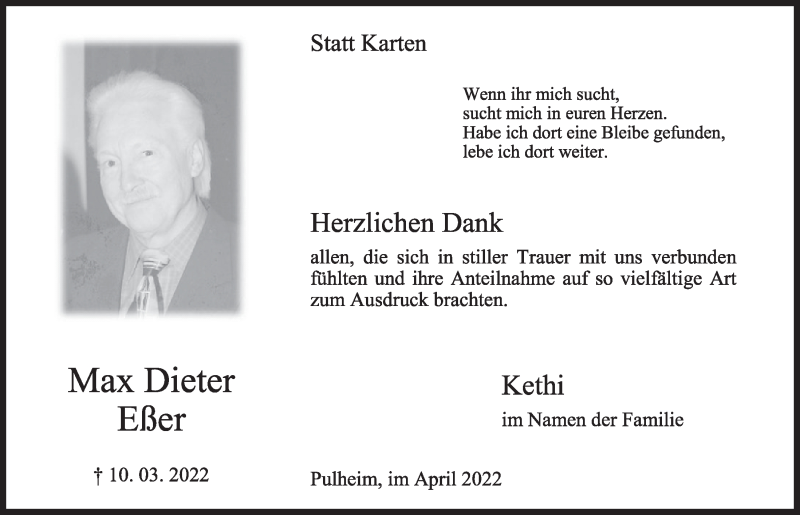  Traueranzeige für Max Dieter Eßer vom 08.04.2022 aus  Wochenende 
