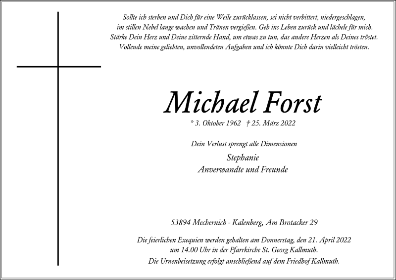  Traueranzeige für Michael Forst vom 09.04.2022 aus  Blickpunkt Euskirchen 