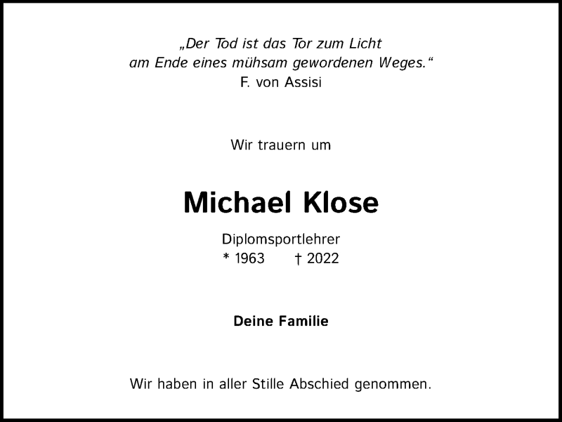  Traueranzeige für Michael Klose vom 02.04.2022 aus Kölner Stadt-Anzeiger / Kölnische Rundschau / Express
