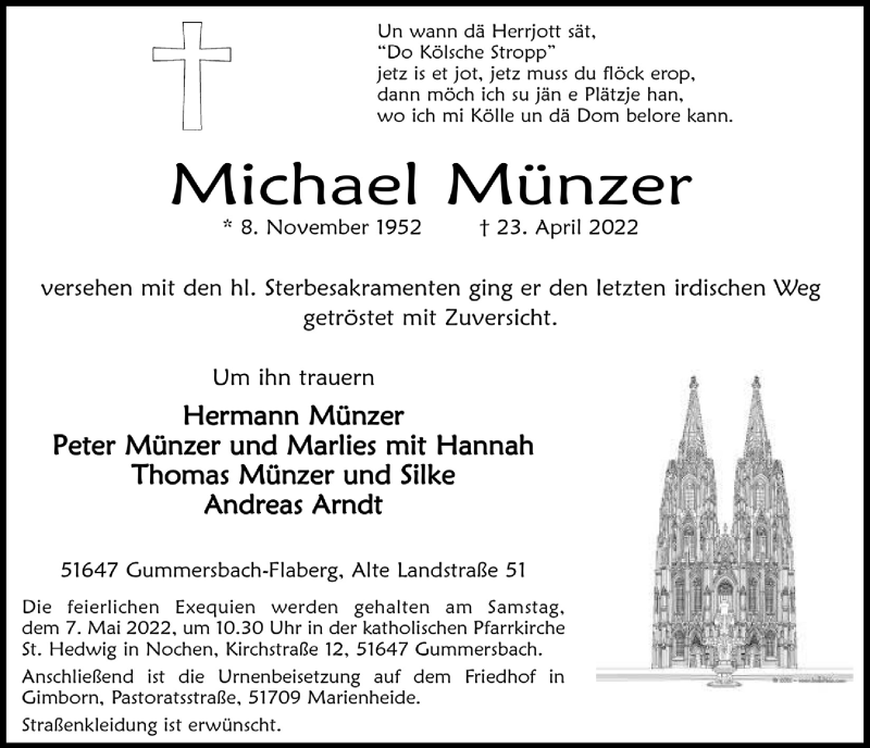  Traueranzeige für Michael Münzer vom 29.04.2022 aus  Anzeigen Echo 
