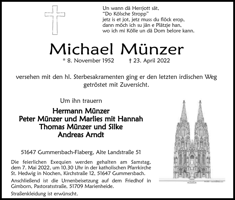  Traueranzeige für Michael Münzer vom 30.04.2022 aus Kölner Stadt-Anzeiger / Kölnische Rundschau / Express