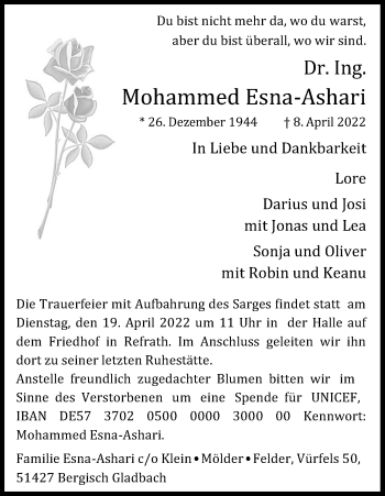 Anzeige von Mohammed Esna-Ashari von Kölner Stadt-Anzeiger / Kölnische Rundschau / Express