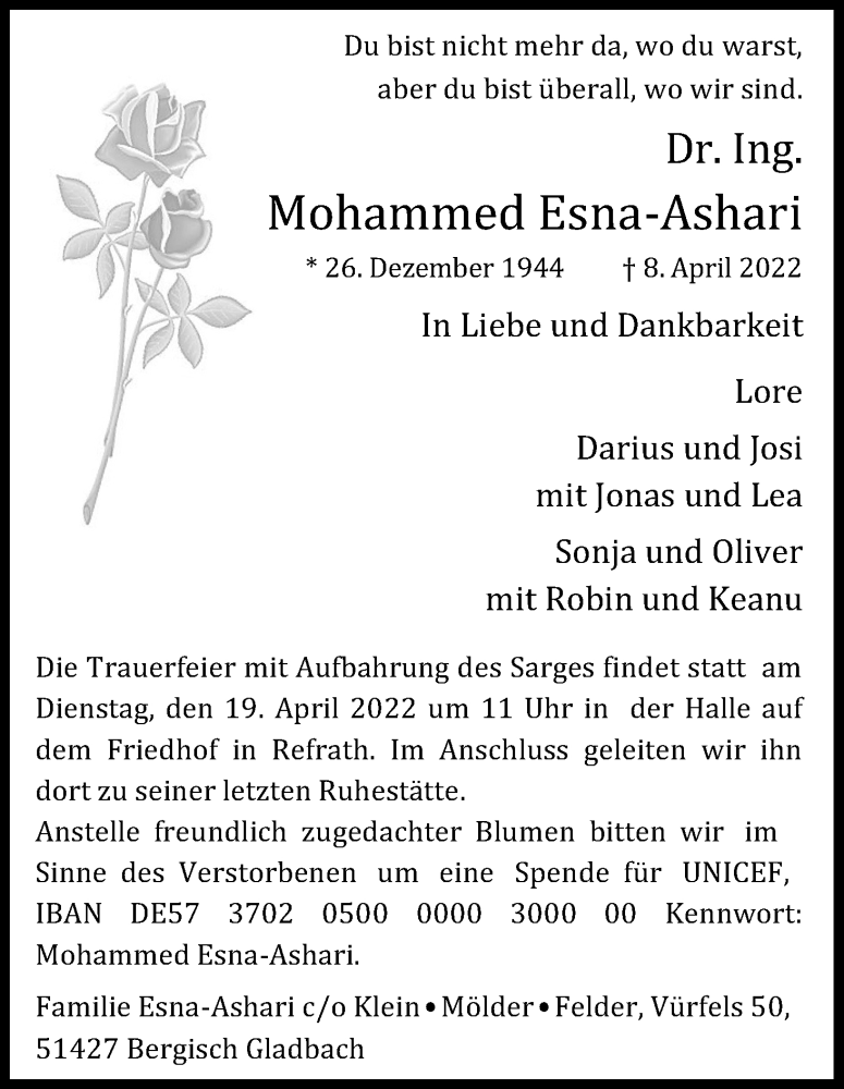  Traueranzeige für Mohammed Esna-Ashari vom 16.04.2022 aus Kölner Stadt-Anzeiger / Kölnische Rundschau / Express