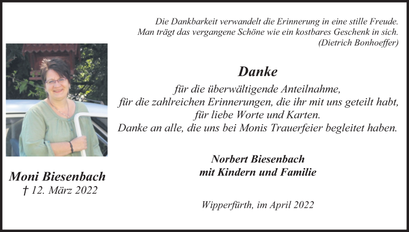  Traueranzeige für Moni Biesenbach vom 22.04.2022 aus Kölner Stadt-Anzeiger / Kölnische Rundschau / Express