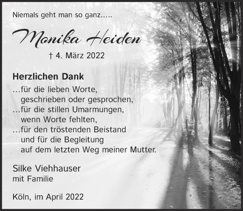  Traueranzeige für Monika Heiden vom 08.04.2022 aus  EXPRESS - Die Woche 
