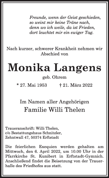 Anzeige von Monika Langens von  Schaufenster/Blickpunkt  Werbepost 