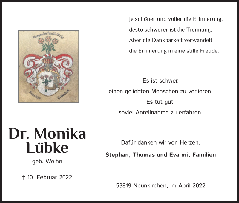 Traueranzeige für Monika Lübke vom 09.04.2022 aus Kölner Stadt-Anzeiger / Kölnische Rundschau / Express