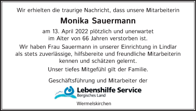  Traueranzeige für Monika Sauermann vom 30.04.2022 aus Kölner Stadt-Anzeiger / Kölnische Rundschau / Express