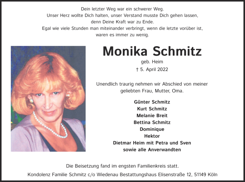  Traueranzeige für Monika Schmitz vom 29.04.2022 aus  EXPRESS - Die Woche 