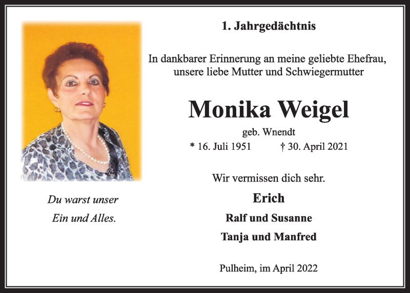  Traueranzeige für Monika Weigel vom 29.04.2022 aus  Wochenende 