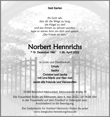 Anzeige von Norbert Hennrichs von Kölner Stadt-Anzeiger / Kölnische Rundschau / Express