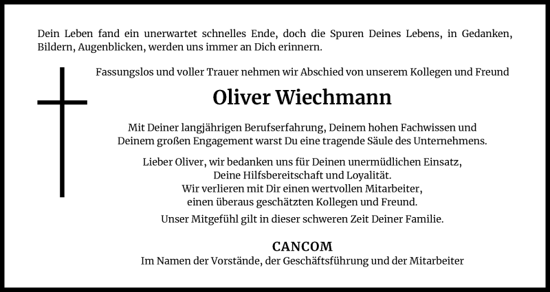 Traueranzeige für Oliver Wiechmann vom 09.04.2022 aus Kölner Stadt-Anzeiger / Kölnische Rundschau / Express