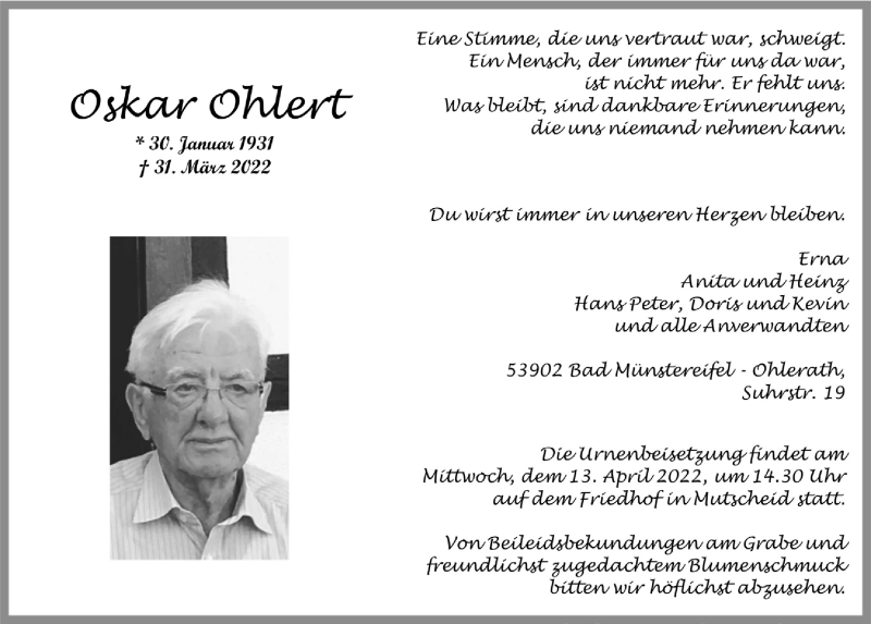  Traueranzeige für Oskar Ohlert vom 09.04.2022 aus  Blickpunkt Euskirchen 