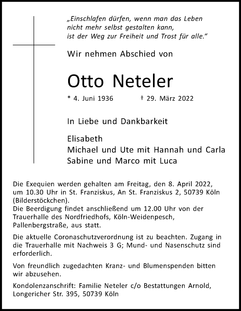  Traueranzeige für Otto Neteler vom 02.04.2022 aus Kölner Stadt-Anzeiger / Kölnische Rundschau / Express